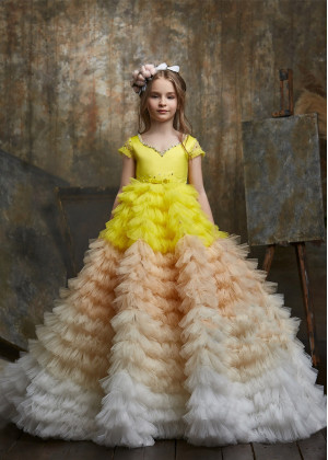 Mixed Color Beaded Satin Tulle Ruffle Flower Girl Dress